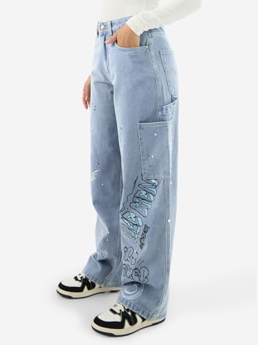 The Souled Store Denim: Graffiti Women and Girls Buttoned Blue Printed Cotton Blend Baggy Fit Jeans