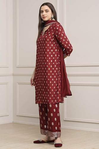 Biba Women Green-Maroon Viscose Gathered Yarndyed Suit Set_38