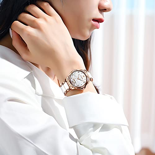 OLEVS Analog Wristwatch, Waterproof, Women'S, Fashion, Fashion, Simple, Women'S, Crystal, Arabic/Roman Dial, Leather Strap, Easy To Read Watch, Cute Watch, White, Women, Bracelet Type