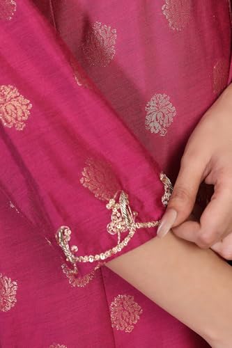 W for Woman Pink Ethnic Motifs Zari Embroidered A-Line Jacquard Kurta with Straight Pant and Dupatta Set (WS13239-314442-S)