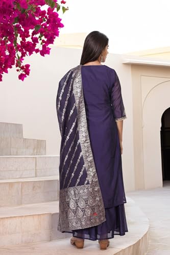 W for Woman Purple Zari Embroidered A Line Kurta with Flared Pant and Dupatta Set (WS13285-224374-XS)
