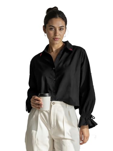 The Souled Store Hearts Women and Girls Long Sleeves Collared Neck Button Front Solid Black Regular Fit Cotton Shirts