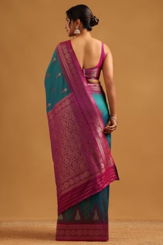 Soch Womens Teal Silk Blend Ikat Weave Zari Woven Saree