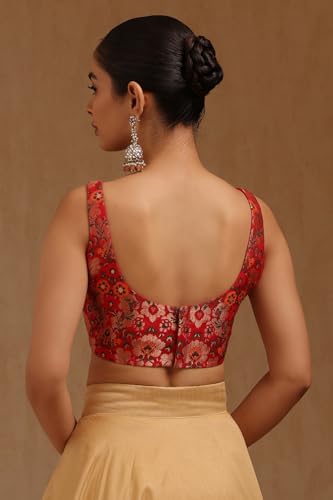 Soch Womens Red Tussar Floral Print Padded Blouse with Zari Woven