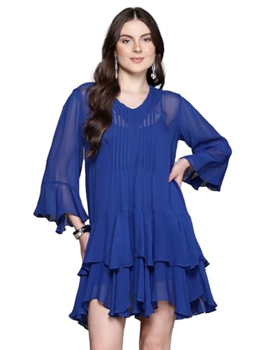 Label RITU KUMAR V Neck Full Sleeves Solid Short Dress with Inner Blue
