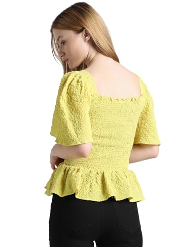 ONLY Women Self Design Polyester Blend Fit & Flare Yellow Peplum Top