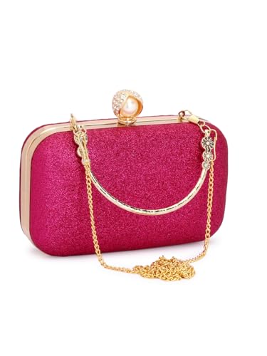 TOOBA Hot Pink Glitter Clutch Bag for Women – Elegant Party Purse with Gold Handle & Pearl Clasp, Perfect for Weddings, Festive Looks & Evening