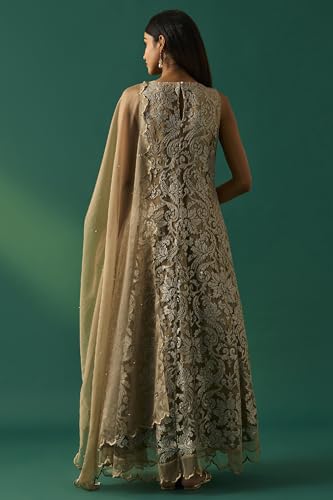 Wishful Women's Beige Embroidered Anarkali Dress with Churidar and Dupatta Set - (SP11508-401099-XL)