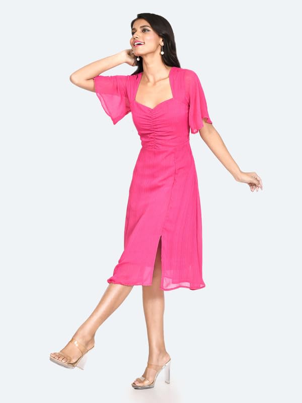 Zink London Women's Pink Solid Short Sleeves Midi Dress