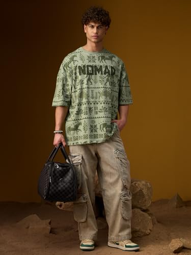 The Souled Store Nomad: Indus Green Men and Boys Short Sleeves Round Neck Sage Green Embroidered Tribal Graphic Casual Drop Shoulder Streetwear Trendy Super Oversized T-Shirt