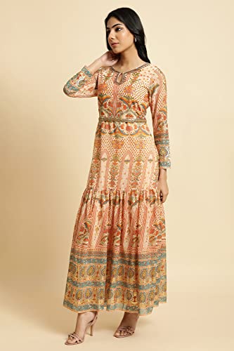 W for Woman Women's Polyester Beige Printed Tiered Dress with Embroidery Calf Length (23FEW11052-118561_Rust_6)