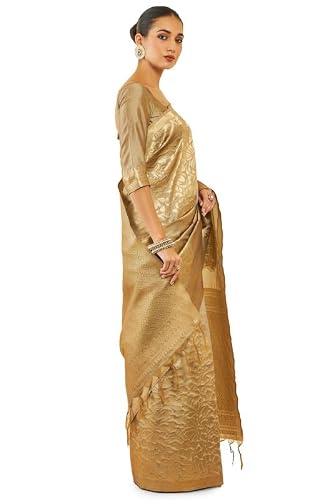 Soch Womens Beige Tussar Silk Saree With Zari Woven Floral And Foliage Designs