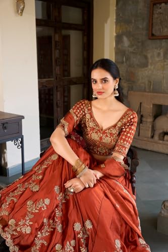 JIHU CULTURE Women's Orange Sequence Embroidery Work Silk Semi-Sttiched Lehenga Choli-JH290ORG