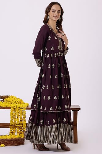 Wishful Purple Pure Cotton Flared Dress & Dupatta for Women (Size: 3XL)-24AUSP11997-400749