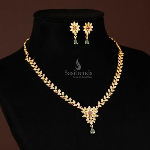 Sasitrends Traditional Micro Gold Plated Multi Color AD American Diamond Jewellery Necklace Jewellery Set for Women and Girls