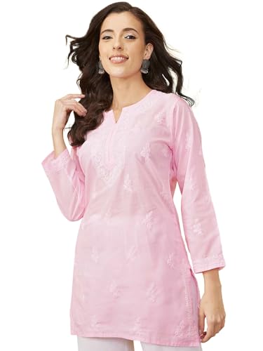 Ada Women's Cotton Top Tunic Hand Embroidered Lucknowi Chikankari Short Kurti A911262 Pink (2XL)