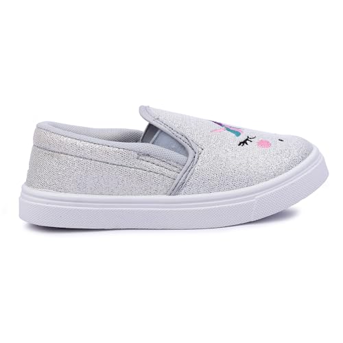 Myau Girls' Glitter Embroidery Design Slip-On Shoes, Casual Sneakers for 3-8 Years (Silver, UK Footwear Size System, Little Kid, Women, Numeric, Medium, 12)