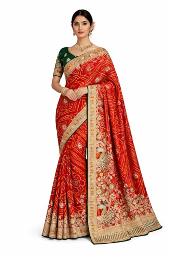 Traditional Rajasthani Saree, Silk Blend, Multicolor, Jacquard Weave, Zari Embroidery, with Blouse Piece, 550 cm