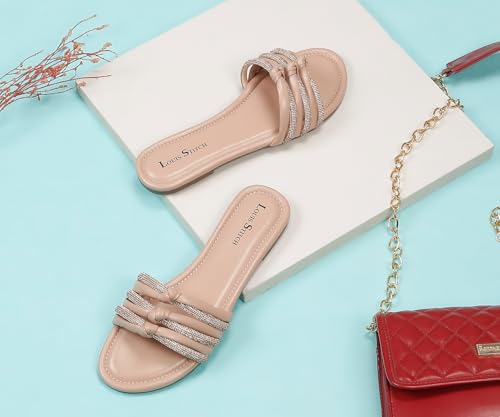 LOUIS STITCH Women's Fashion Flat Slip On Sandals | Open Toe Nude Stylish Flat Sandal for Ladies, Comfortable All day Wear Slipper | LSOF-LDSL-GLTSNU | (UK-6)
