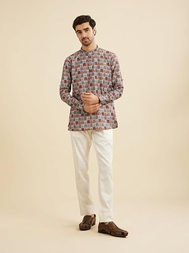 Manyavar Men's Cotton Blend Digital Print Short Kurta (Beige,L)