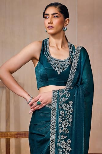 Soch Womens Teal Blue Fendy Chiffon Embellished Saree With Stone Work