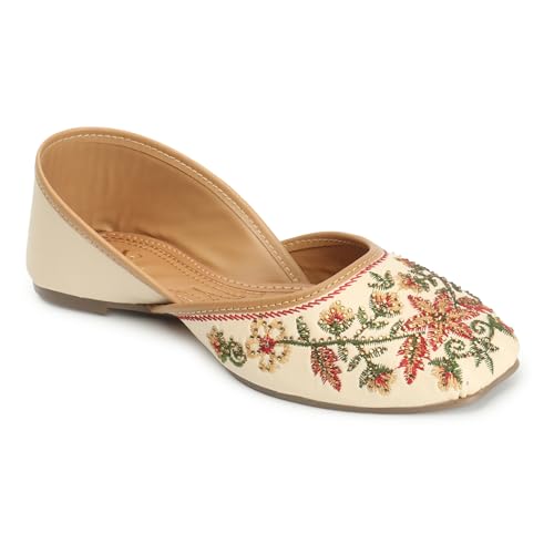 XE Looks Women's Cream Ethnic Punjabi Juttis | Traditional Embroidered Flats | Floral Design with Soft Cushioned Footbed | Comfortable & Stylish Punjabi Juttis for Girls & Women