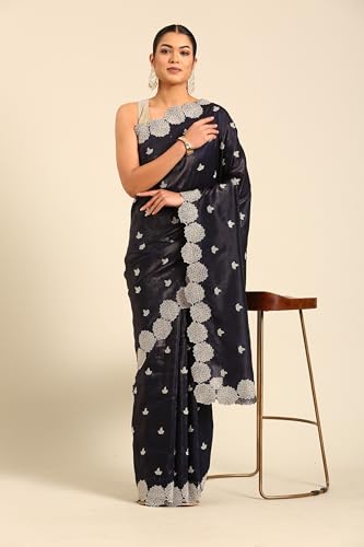 MOHEY Women's Chinon Embroidered|Stone Work Saree (Indigo Blue)