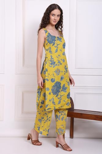 W for Woman Yellow Bold Floral Printed Pure Cotton Straight Kurta, Parallel Pants and Dupatta Set (Size: 2XL)-WS12904-125908