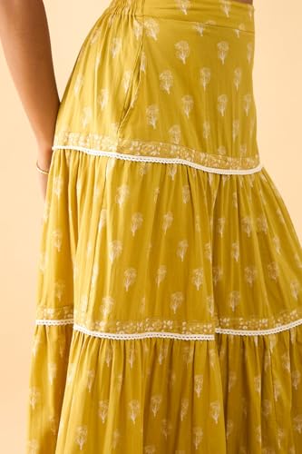 Taneira Women Dark Yellow Pure Cotton Rajasthan Screen Printed Lehenga (LEAM31DYL-Dark Yellow-L)