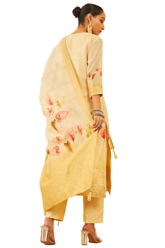 Soch Womens Beige Chanderi Placement Print Suit Set With Cutdana Details