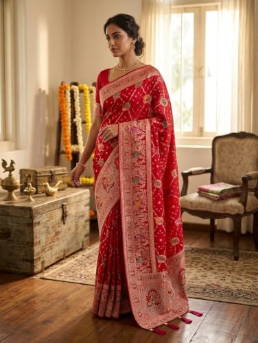 BHARTI COLLECTIONS Banarasi Art Silk Saree with Zari Work & Blouse Piece