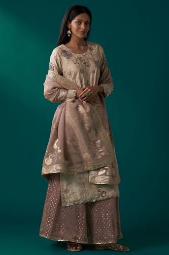 Wishful Women's Light Gold Heavy Embroidered Straight Tissue Chanderi Kurta with Culottes and Dupatta Set (SP12467-400321-L)