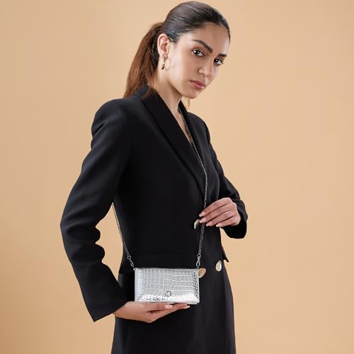 Caprese Vega Textured Flap Wallet Convertible Sling for Women | 2-in-1 Handheld Clutch & Shoulder Bag with Detachable Gold Chain | Premium Designer Mobile & Cash Sling with Magnet Snap (Silver)