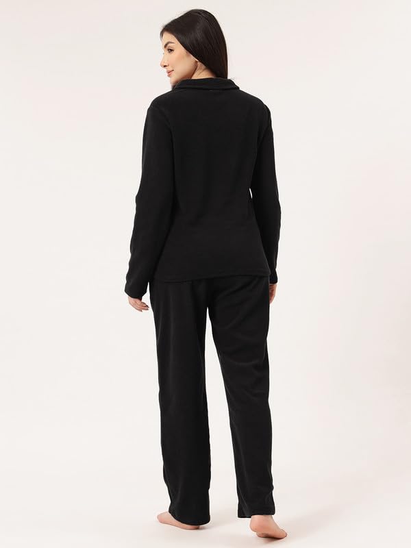 Clovia Women's Winterwear Fleece Zippered Jacket & Pyjama Set (LSW779R13_Black_M)