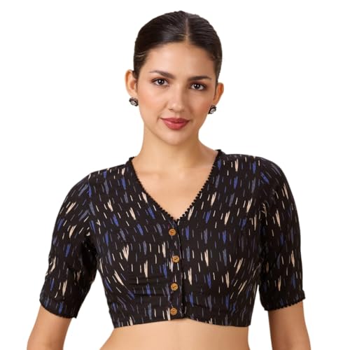 Studio Shringaar Women's Cotton Ikat Printed Elbow Length Sleeves Saree Blouse (Black, 36)