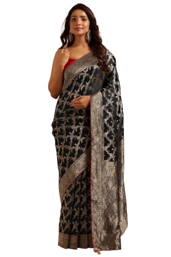 Soch Womens Black Satin Botanical Zari Woven Saree