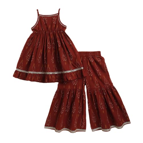 Hopscotch Girls Sleeveless Brown 2-Pc Ikat Sharara Set For Age (9-10 Years)