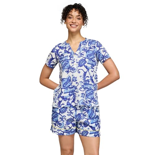 NYKD (NYS930 Printed Rayon Coords Night Suit for Women | Relaxed Fit V Neck Top with Non Slip Adjustable Waistband Shorts | Perfect for Sleep, Lounge & Everyday Wear - Blue
