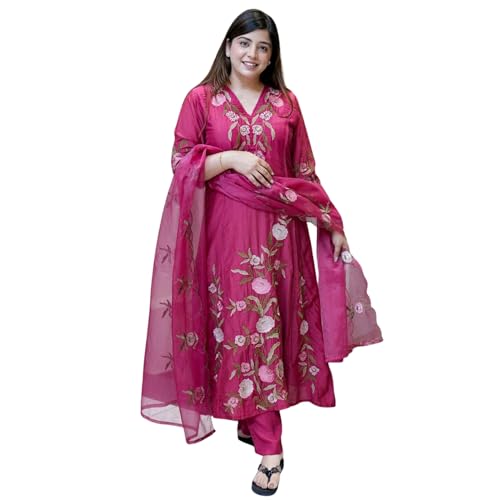 AVYUKTHA | Women’s Embroidered Kurta Set with Pyjamas & Dupatta | Ethnic Suit for Festive, Casual & Daily | Pink | Size- XL
