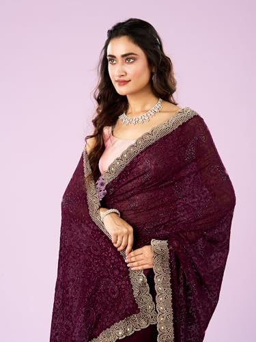 MOHEY Women's Georgette Embroidery|Stone Work Saree with Blouse Piece(Wine)