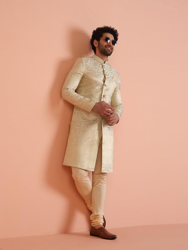 KISAH Men's Indo-Western Sherwani, Green Silk Blend, Woven Design Regular Fit Mandarin Collar Long Sleeves