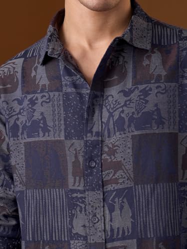 The Souled Store Nomad: Viking Men and Boys Long Sleeve Spread Collar Dark Blue Abstract Print Casual Trendy Holiday Ready Easy to Style Cotton Relaxed Shirt