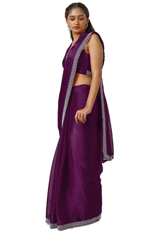 Soch Womens Wine Tissue Saree With Stone Work