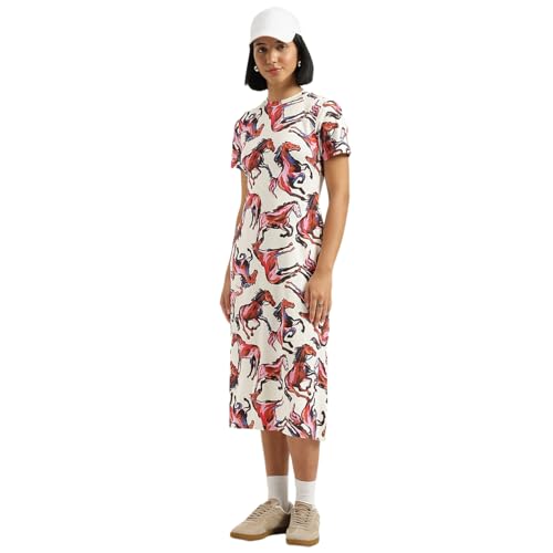 United Colors of Benetton Round Neck Animal Print Knit Dress - (Size:XS) - 26P3E98W3G74I901 White
