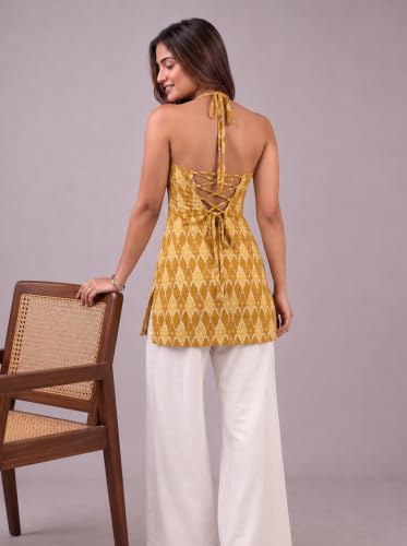 Rangrooh Women's Cotton Printed Short Corset Kurti | Halter Neck Sleeveless Backless Lace-Up Tie | Indo-Western Summer Ethnic Kurti (Yellow) - L