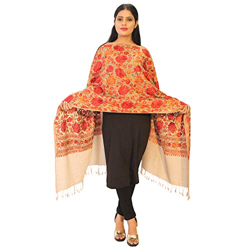 HAUTEMODA Women's Pashmina Stole With Floral Embroidery All Over (Ad002Msbg14_Beige_28" X80)
