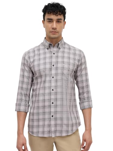 Park Avenue Men Slim Fit Checks Pattern Pure Cotton Button Down Collar Full Sleeve Casual Shirt Grey