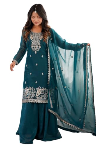 Leeli Peeri Designer Women's Crunchy Silk Embroidery Kurta Sharara Set With Dupatta.