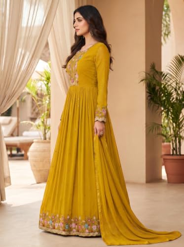 RUDRAPRAYAG Anarkali Georgette and Santoon Maxi Gown for Women | Long Anarkali Gown for Women Semi-Stitched Yellow