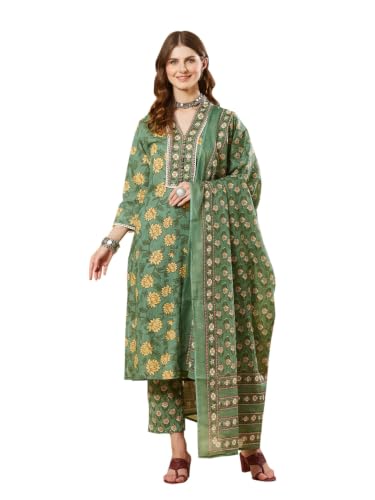 Divena Green Floral Cotton Kurta Sets With Dupatta